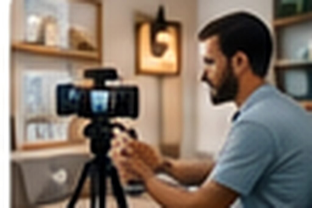 Médico gravando conteúdo educativo com smartphone e microfone em consultório real, postura natural, equipe pequena ao fundo