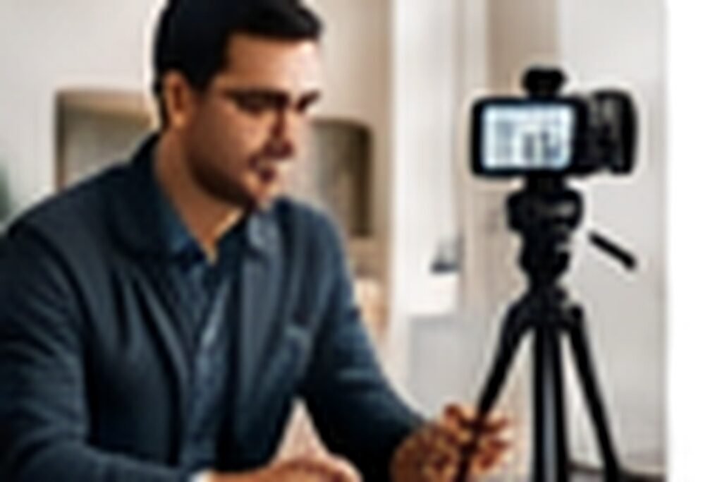 Médico gravando conteúdo educativo com smartphone e microfone em consultório real, postura natural, equipe pequena ao fundo