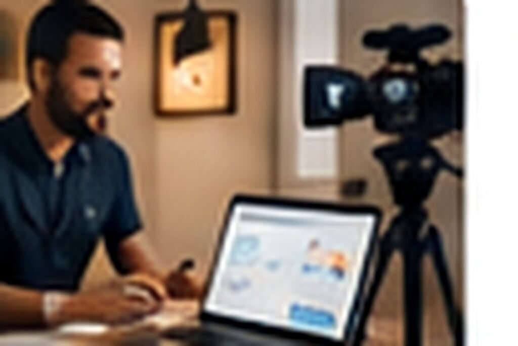 Médica preparando roteiro em tablet ao lado de smartphone em tripé, consultório contemporâneo, fotografia documental