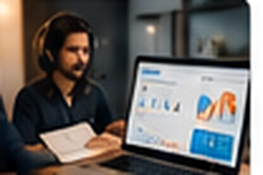 Designer e desenvolvedor revisando site responsivo em notebook e smartphone, mesa de trabalho contemporânea, pessoas reais