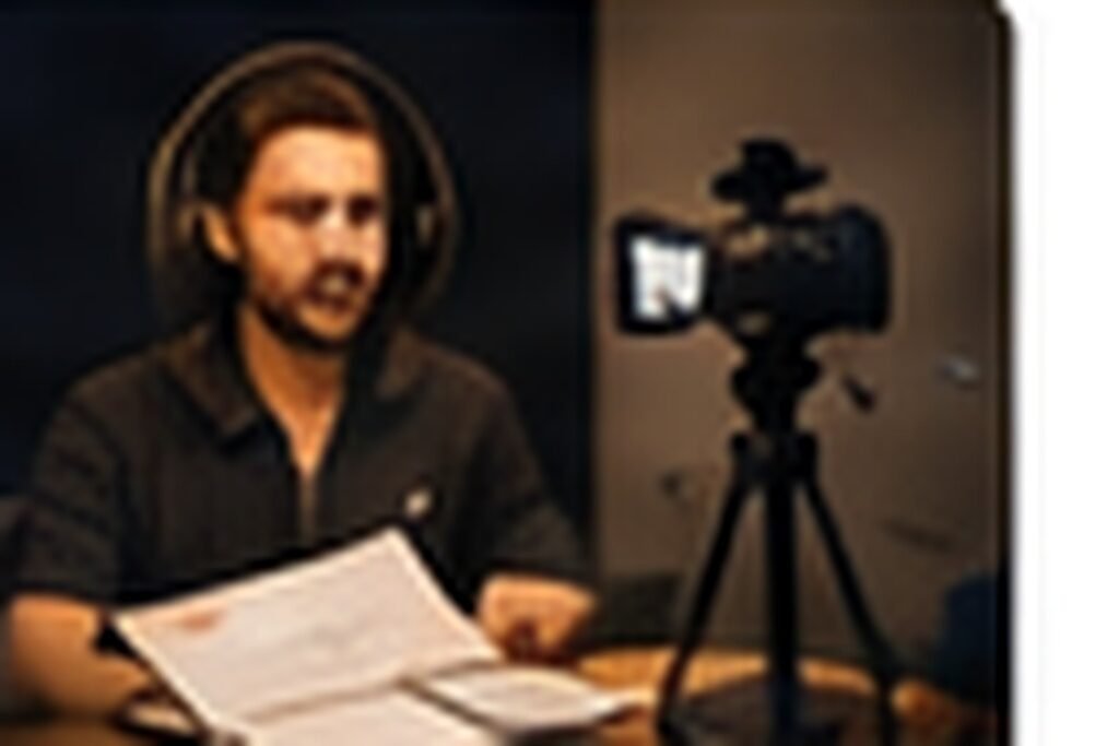 Duas pessoas conversando em podcast profissional, microfones, câmeras discretas e luz aconchegante, expressão espontânea