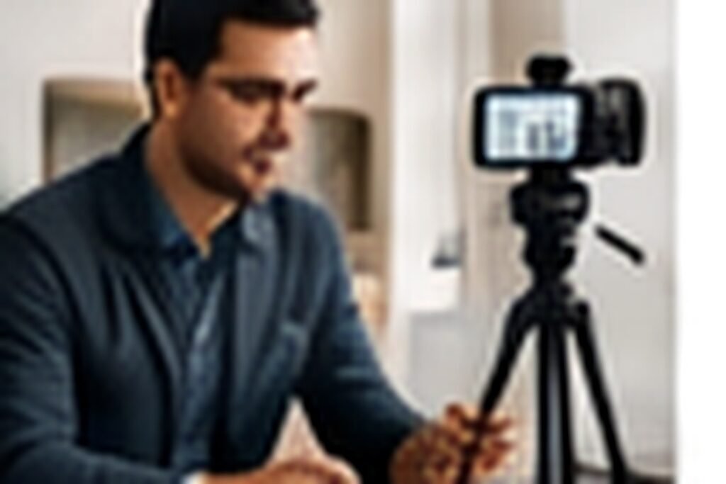 Equipe audiovisual gravando profissional em ambiente corporativo, câmera, smartphone, microfone e luz, bastidores reais